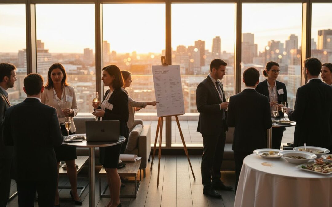 Business professionals networking at upscale rooftop event