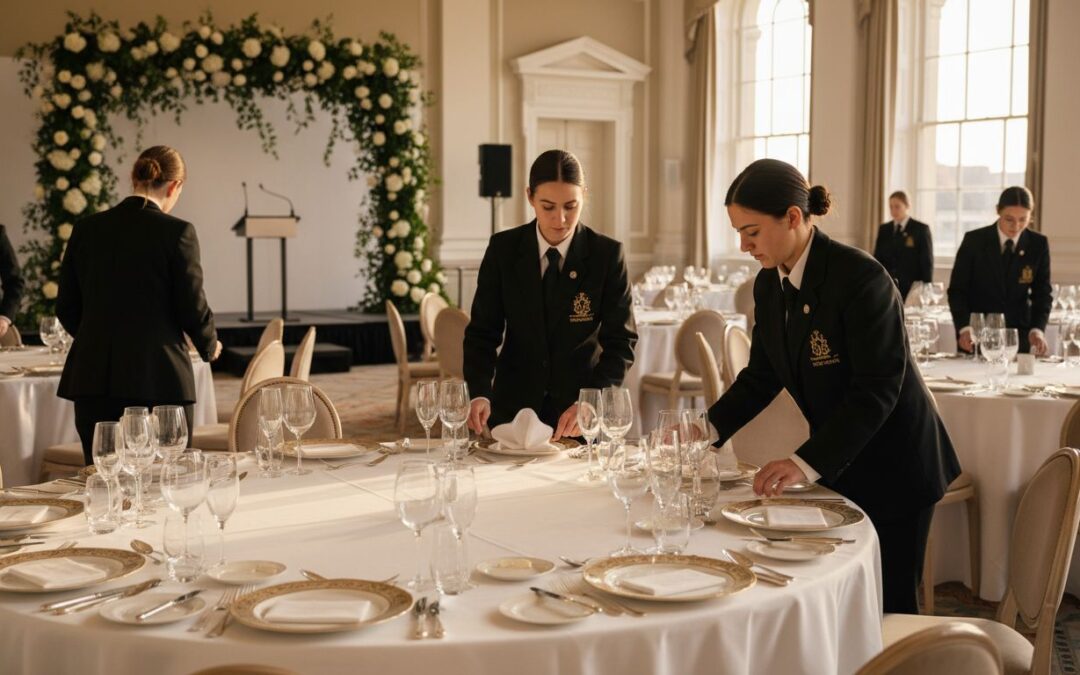 Staff setting up luxury gala ballroom