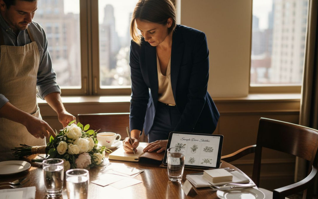 Luxury event planner meeting with florist