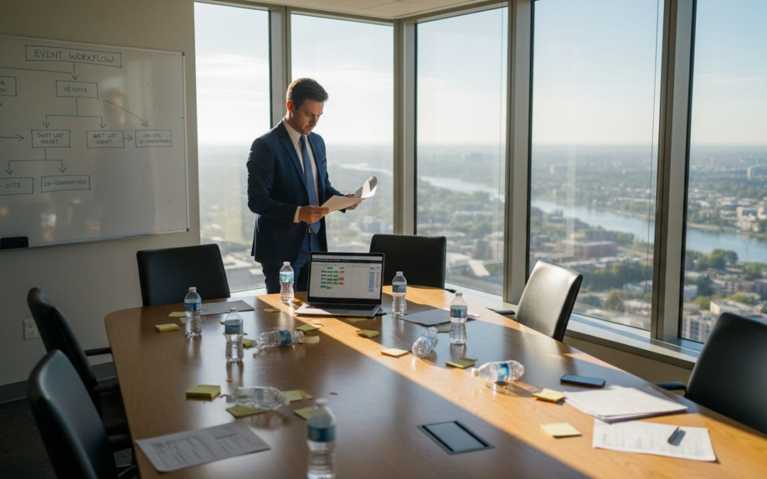 Event manager reviewing workflow in city office