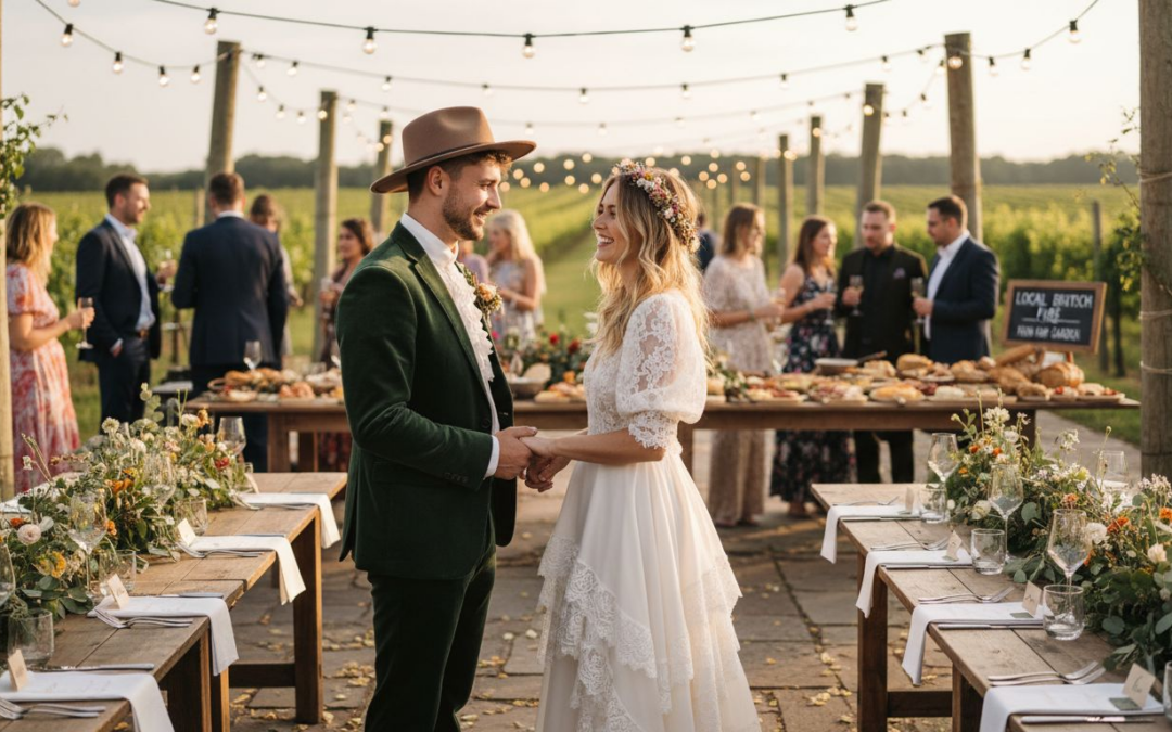 Fashionable couple at elegant luxury wedding outdoors