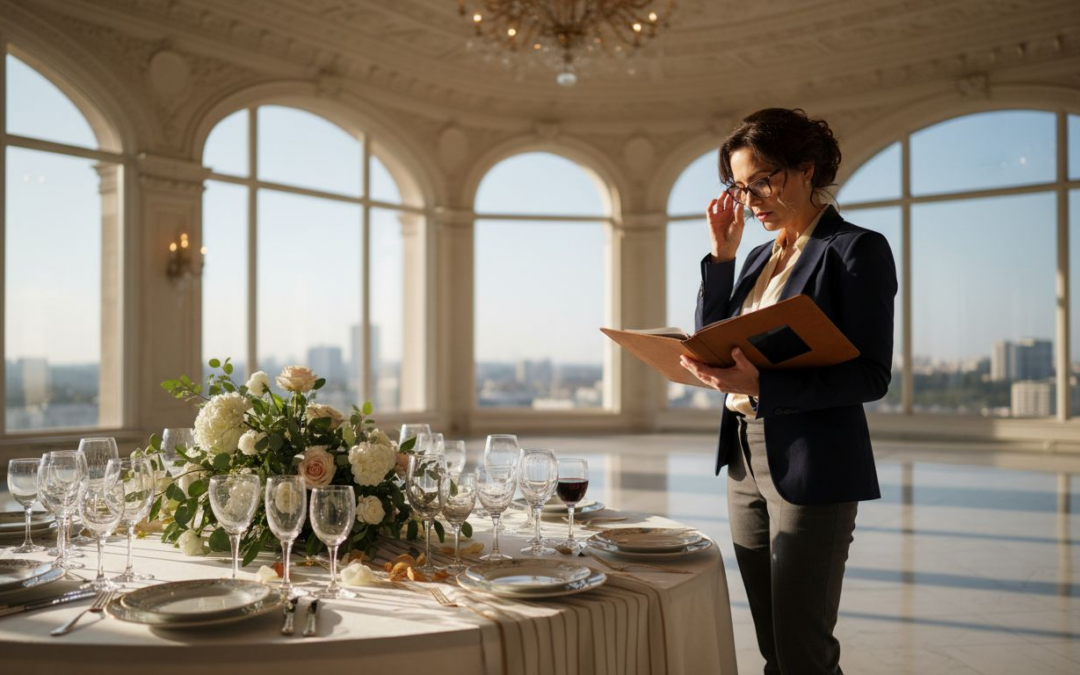 Luxury event coordinator in elegant sunlit ballroom