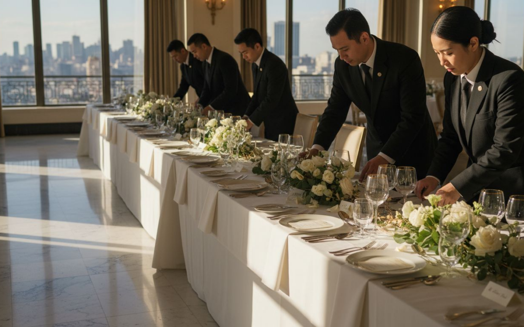 Catering staff arranging luxury event table