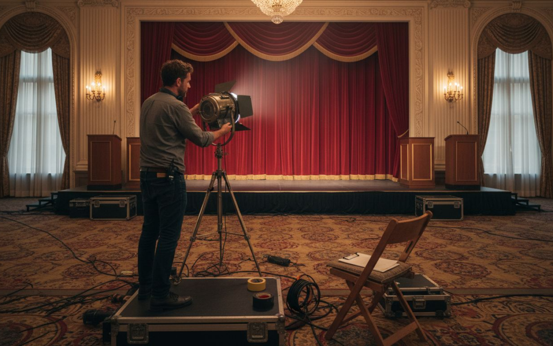 Designer adjusting lights at luxury event stage