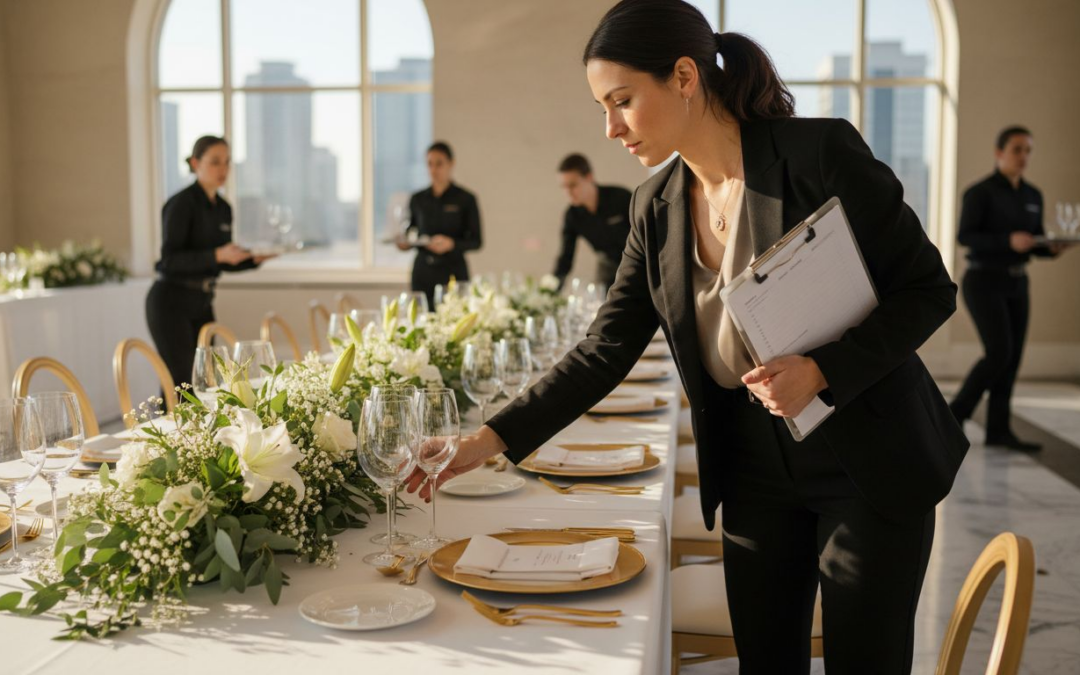 Luxury event planner arranging banquet table