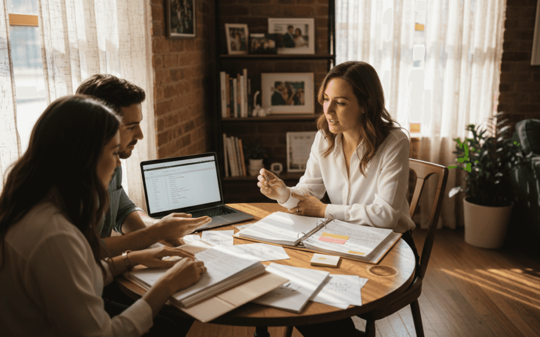 Wedding planner meeting with couple in office