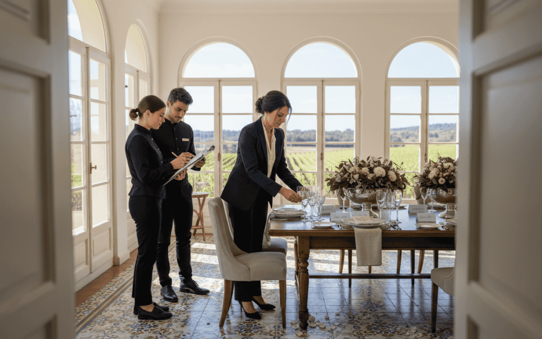 Event curator prepping luxury dining experience