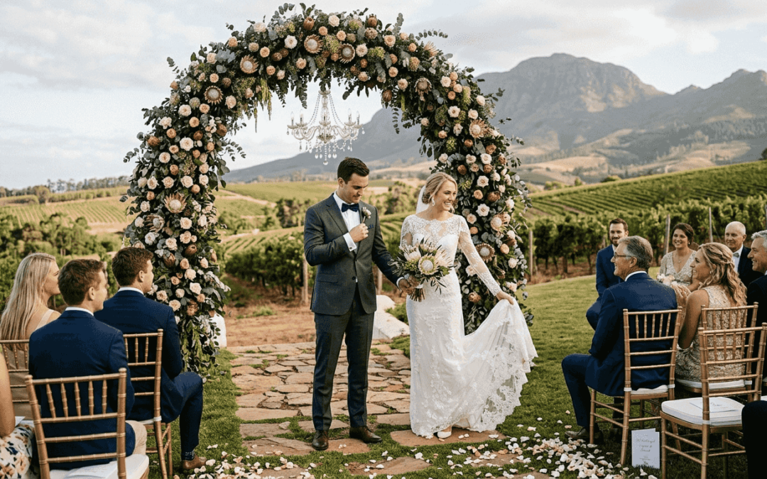 Luxury wedding couple at vineyard ceremony arch