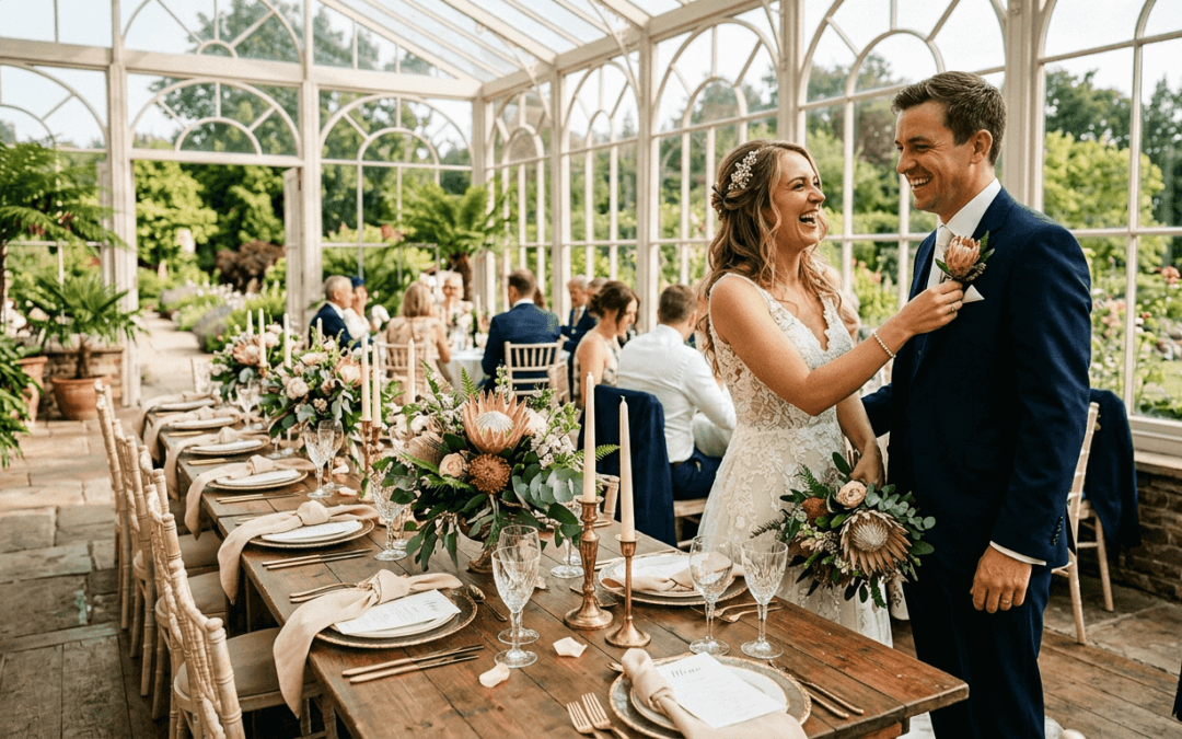 Elegant wedding couple beside Protea-inspired decor