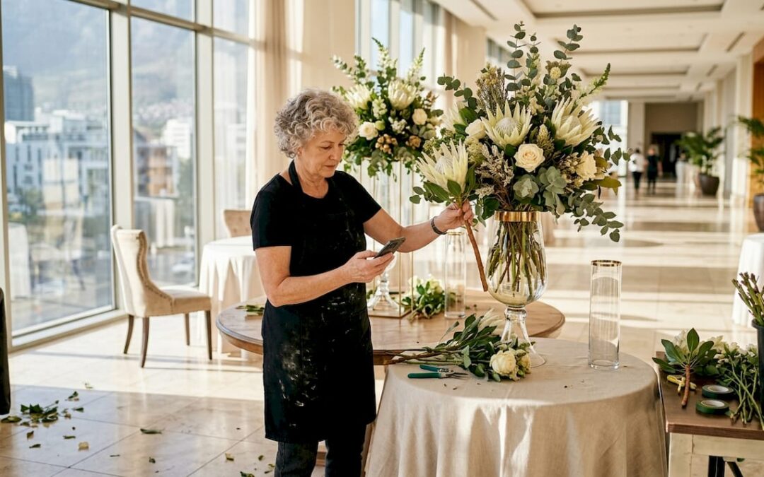 Florist setting up centerpieces in luxury venue