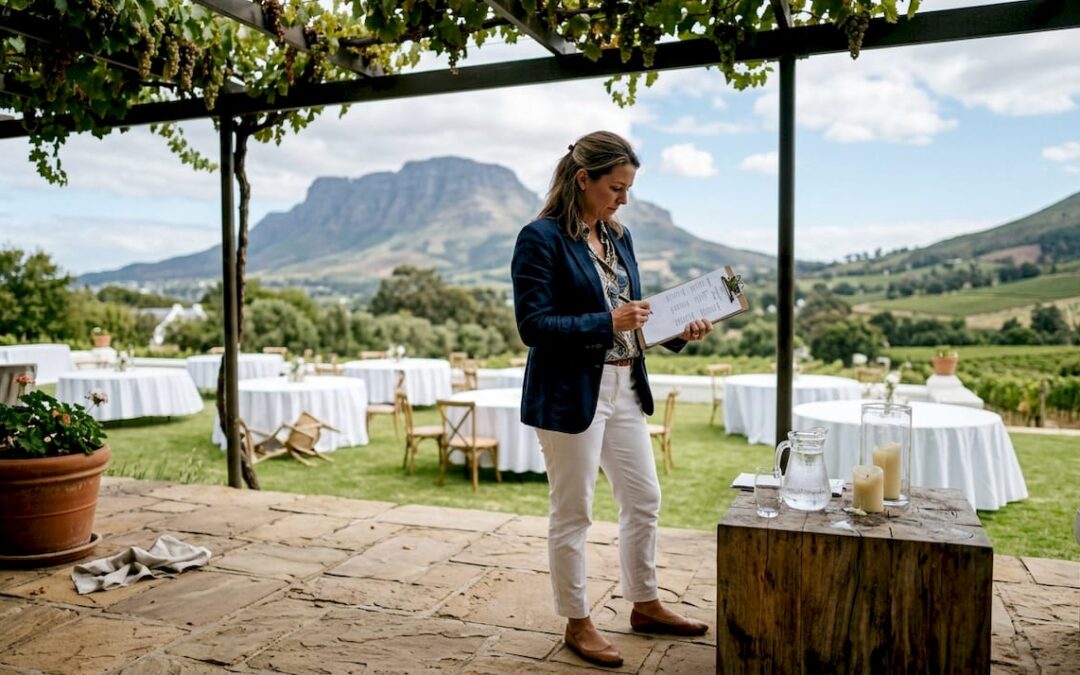 Coordinator prepares luxury event at vineyard terrace