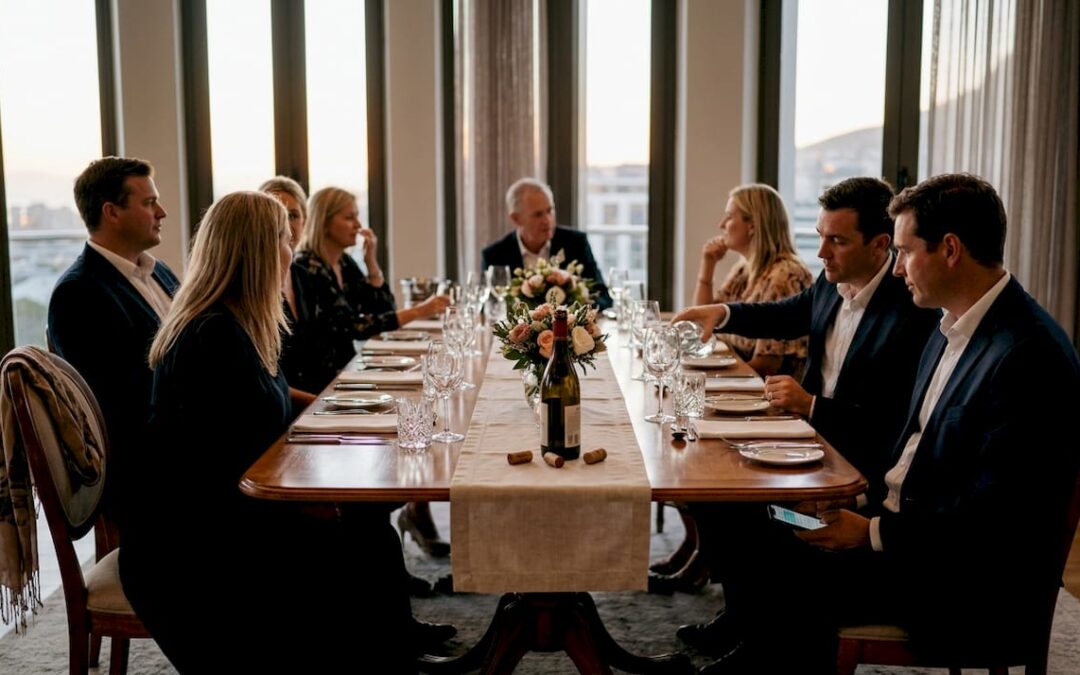 Close friends enjoy luxury dinner table setting