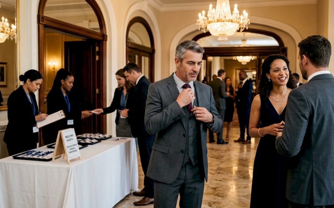 Guests arriving at corporate gala ballroom entrance