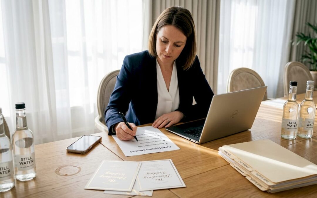 Event coordinator reviewing luxury workflow checklist