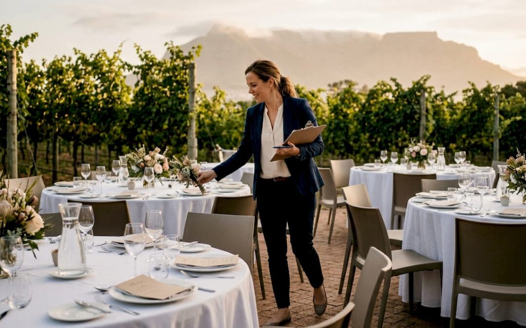 Event planner checking luxury decor vineyard terrace
