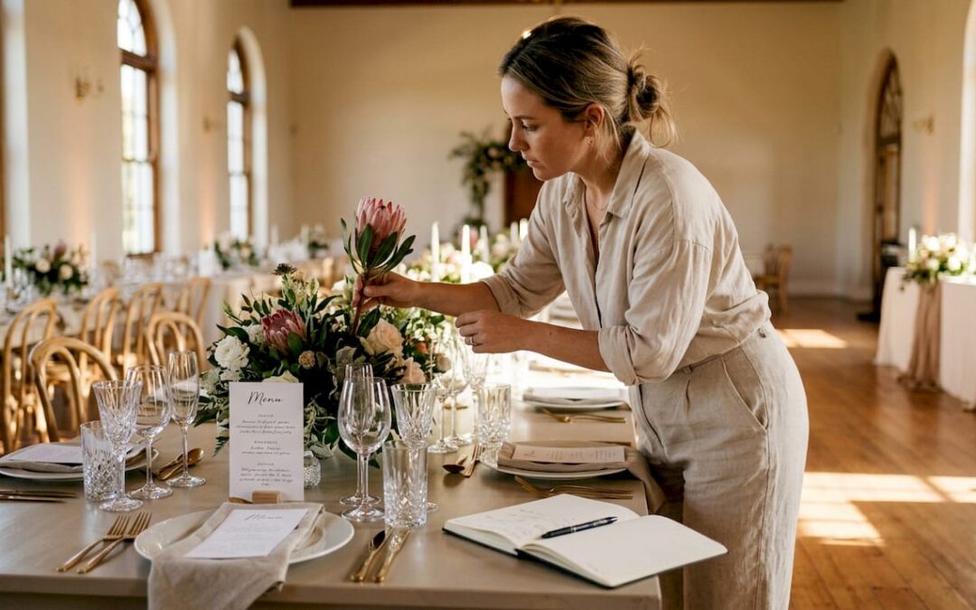 Event stylist prepares luxury table at Cape Winelands