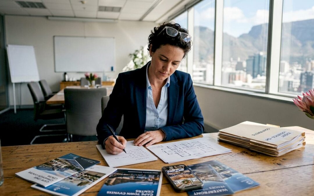 Event manager reviewing plans at desk