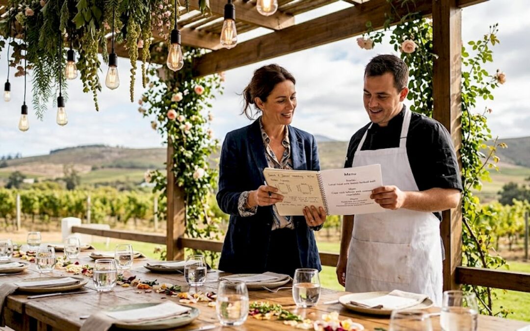 Planner and chef review personalized wedding details