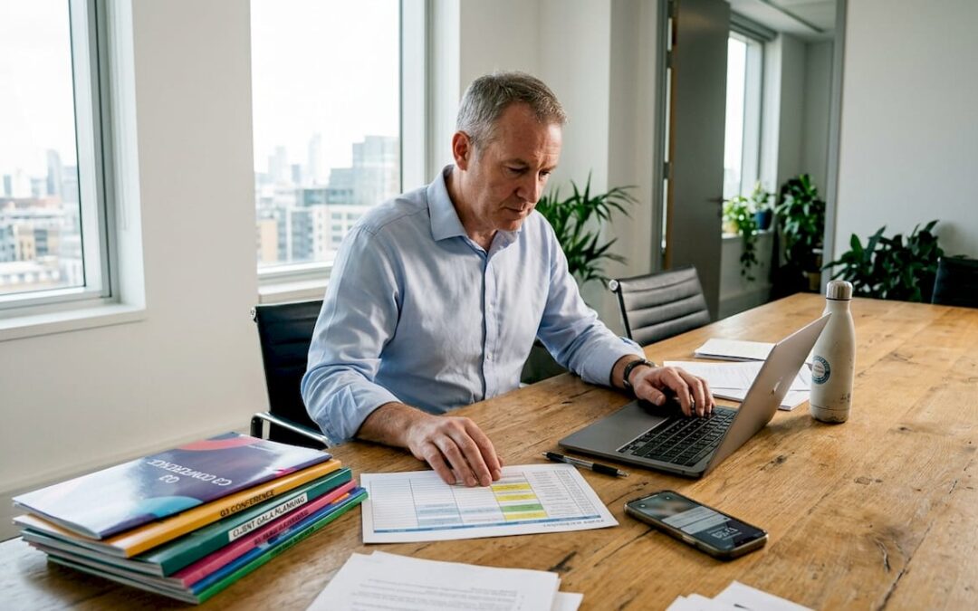 Executive reviewing event plan in office