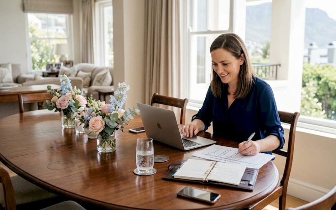 Wedding planner reviewing guest list at villa table