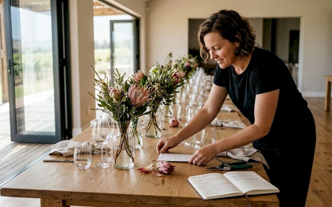 Wedding stylist arranging Cape Town reception table