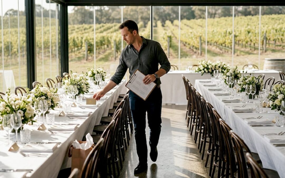 Event planner adjusting luxury dinner setup
