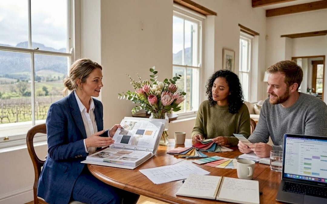 Couple and planner reviewing wedding vision binder