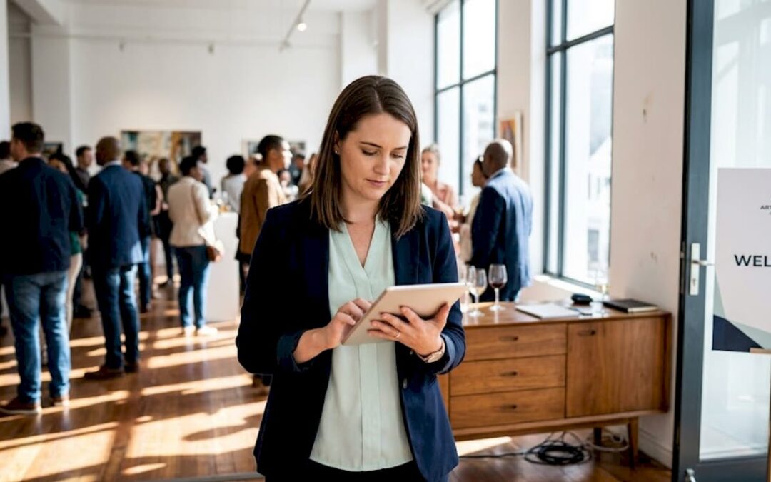 Event coordinator checking list at gallery gathering