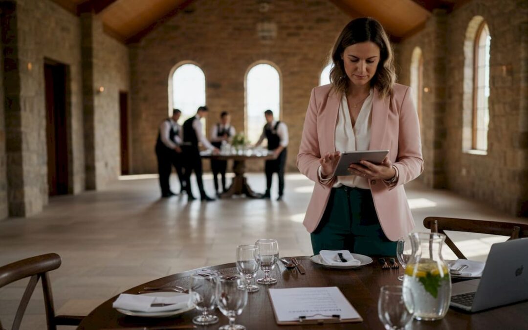 Coordinator reviews plans at elegant wedding venue