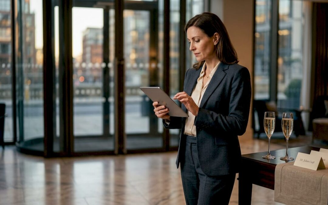 Event planner checking guest list at luxury venue