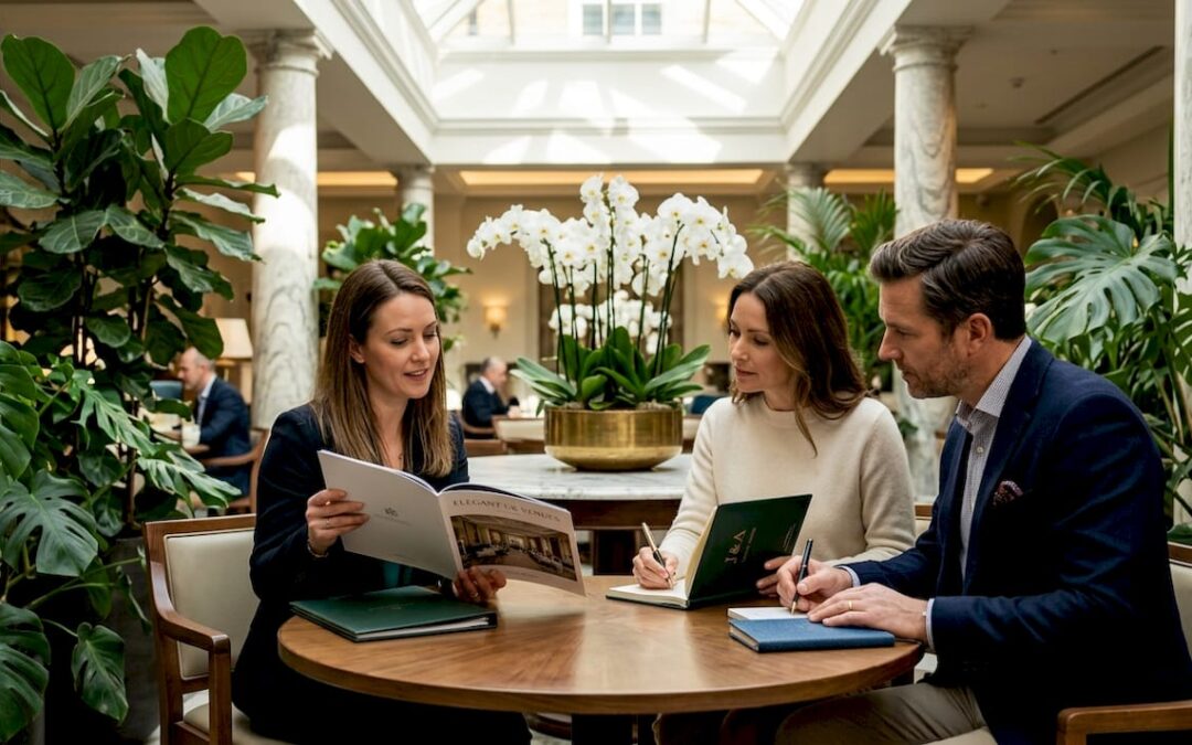 Event planner consulting with couple in luxury boardroom