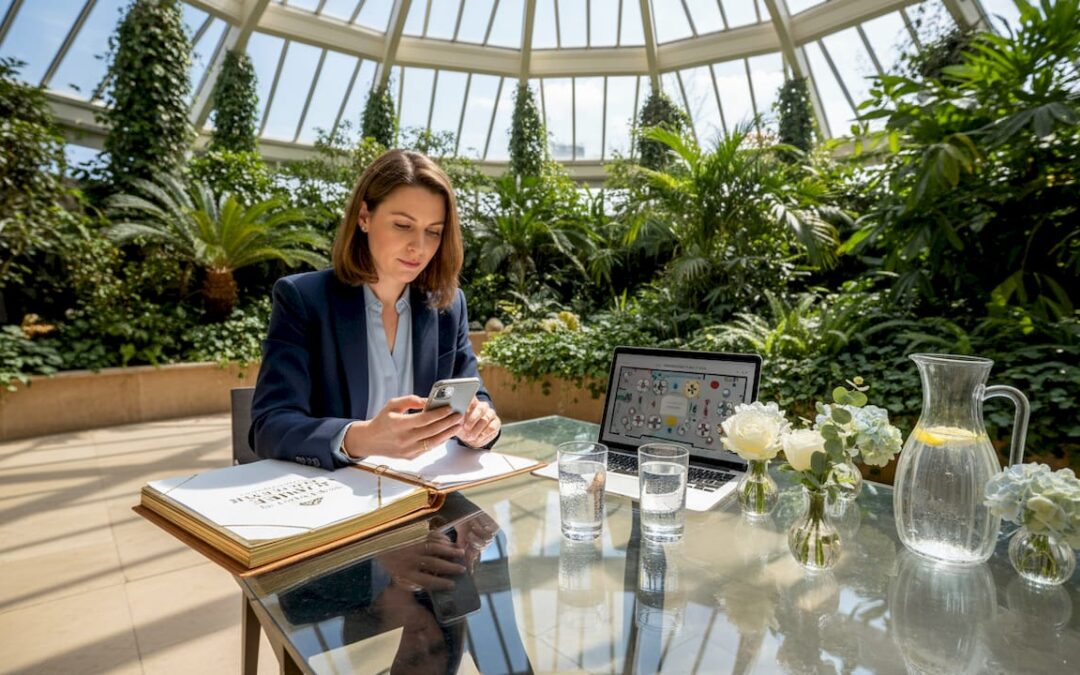 Event planner reviewing portfolio in luxury setting