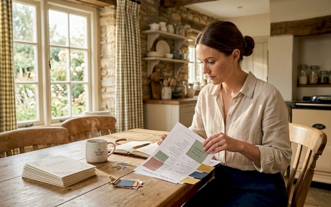Event planner preparing event checklist on dining table