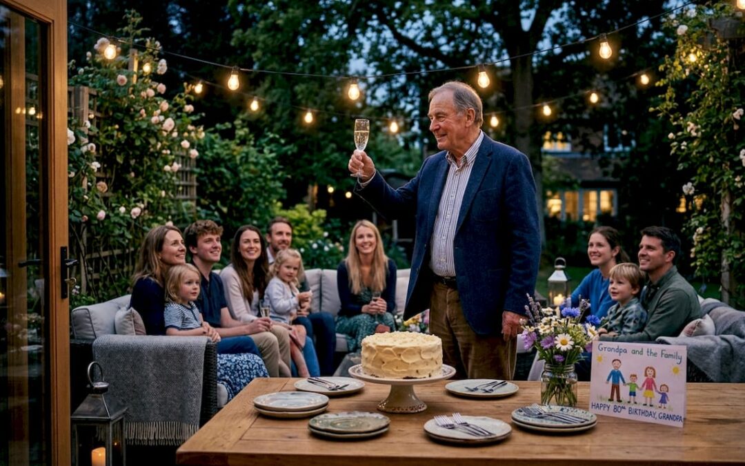Family celebrating milestone in cozy living room