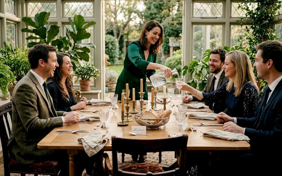 Guests mingling at elegant dining table