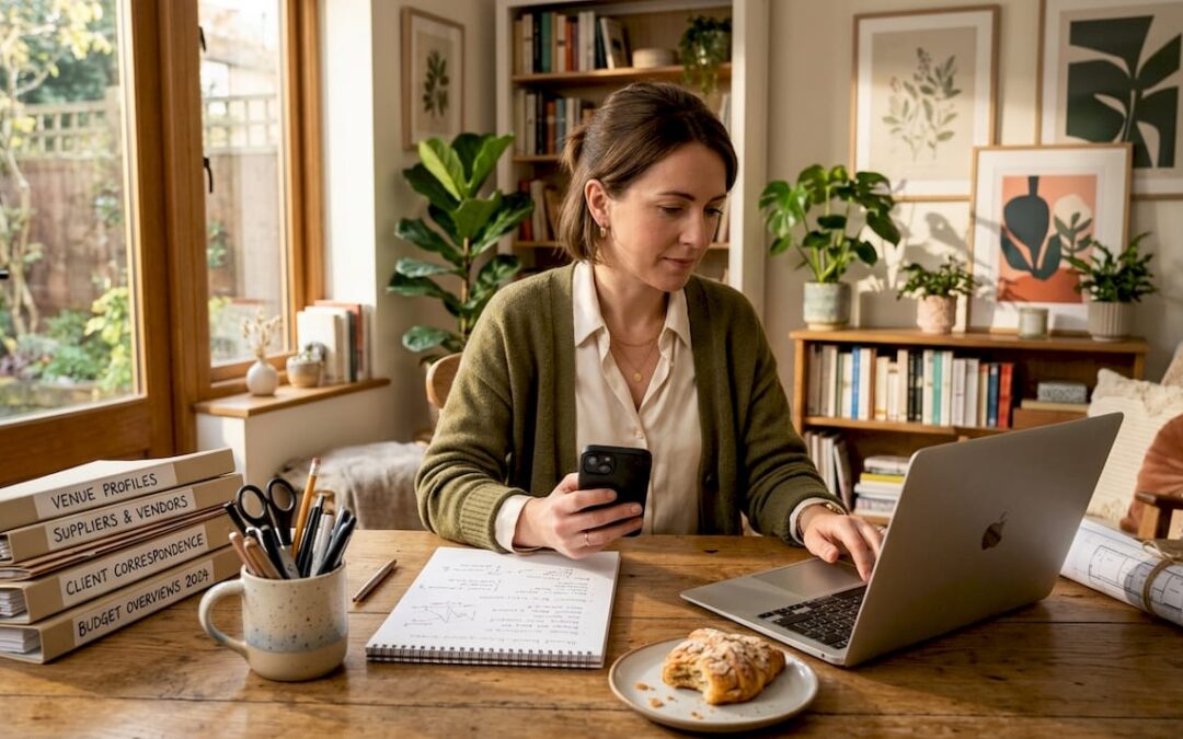 Event planner working at busy table