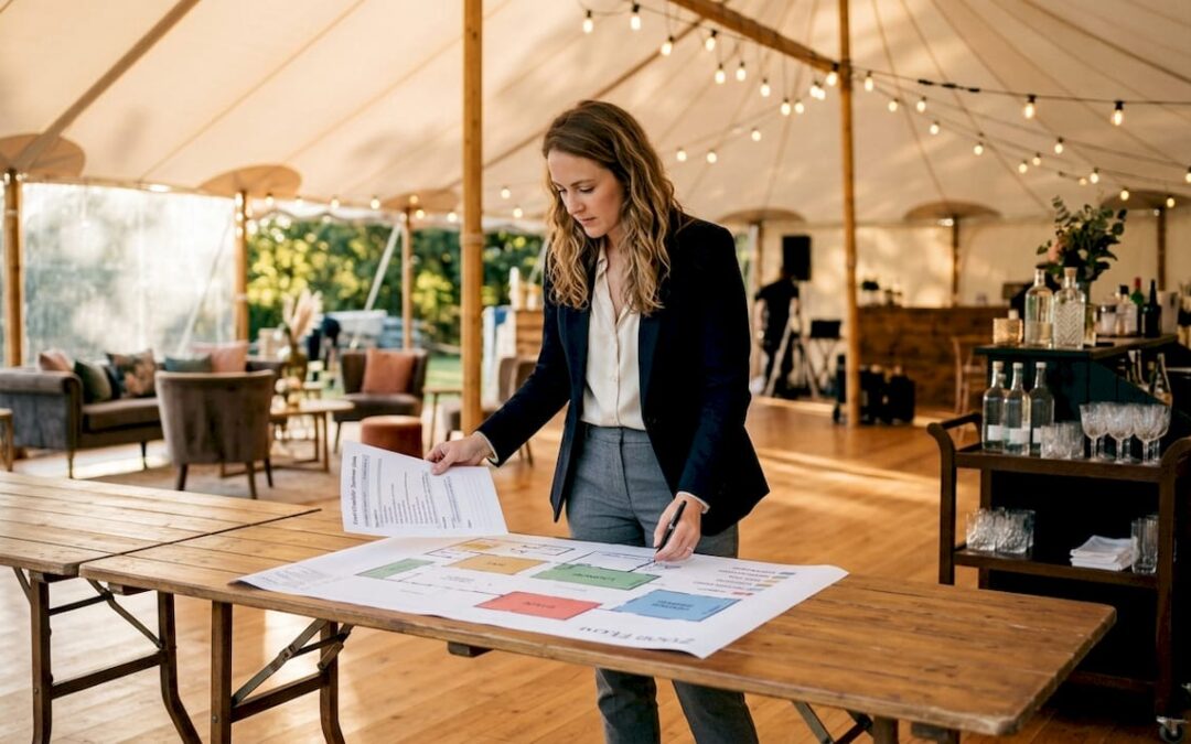 Event planner checks documents in ballroom