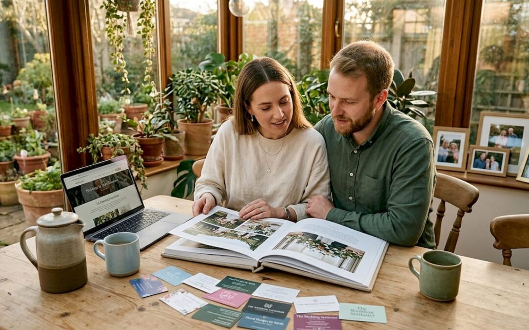 Couple reviewing wedding vendor portfolios at home