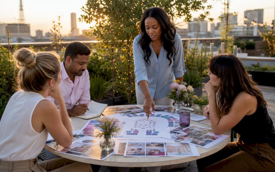 Team planning corporate gala timeline at conference table
