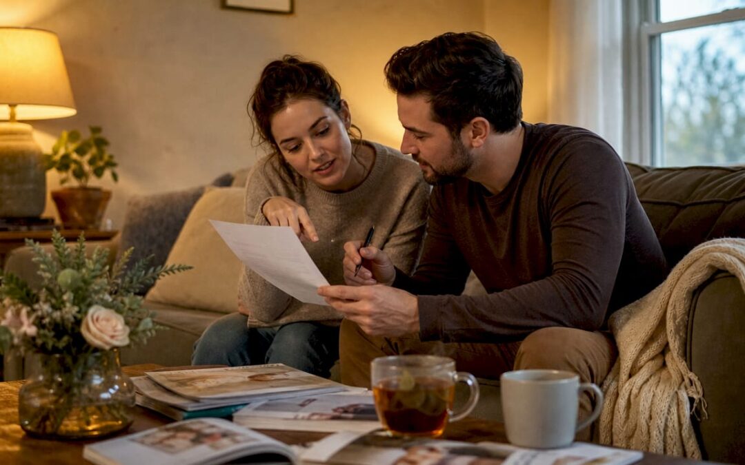 Couple reviewing wedding checklist at home