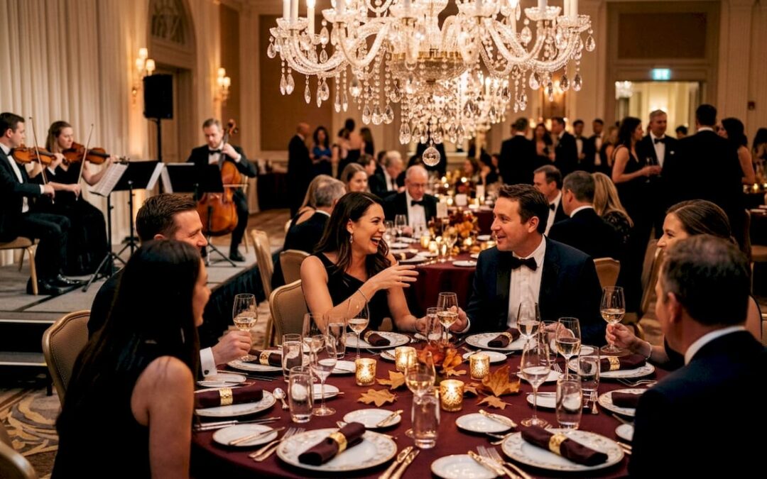 Elegant gala dinner venue with guests mingling
