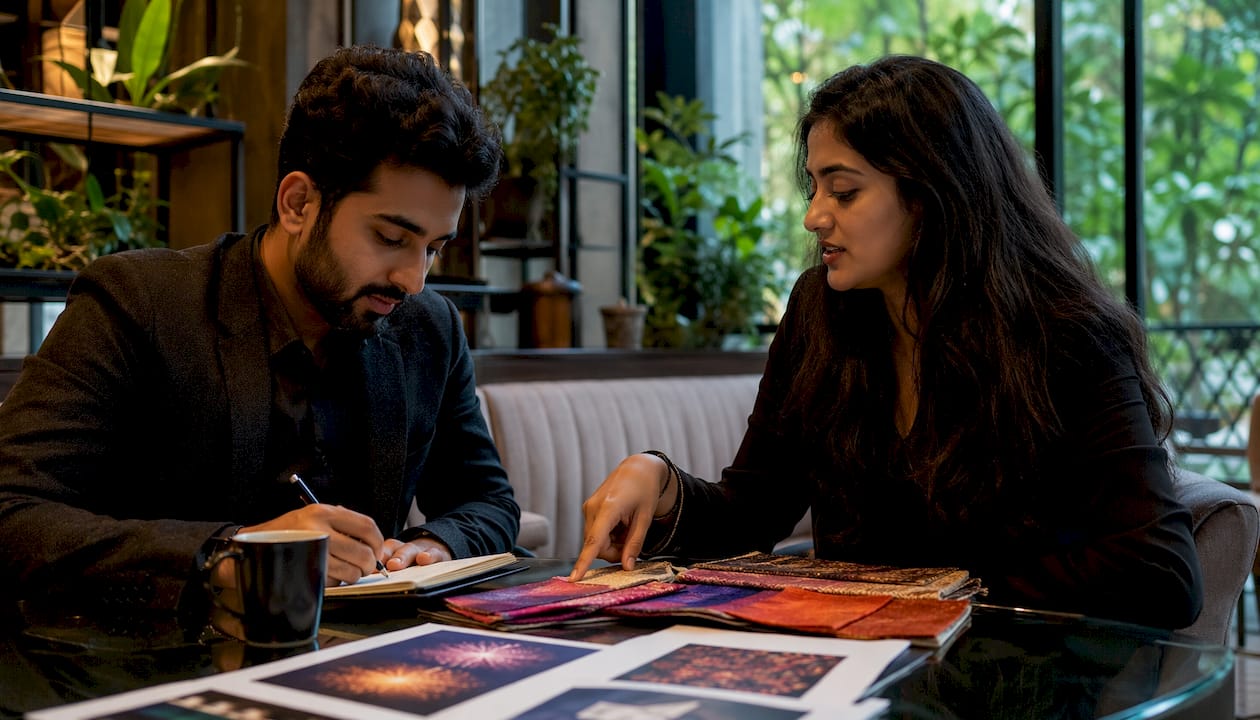Event specialists reviewing luxury supplier materials