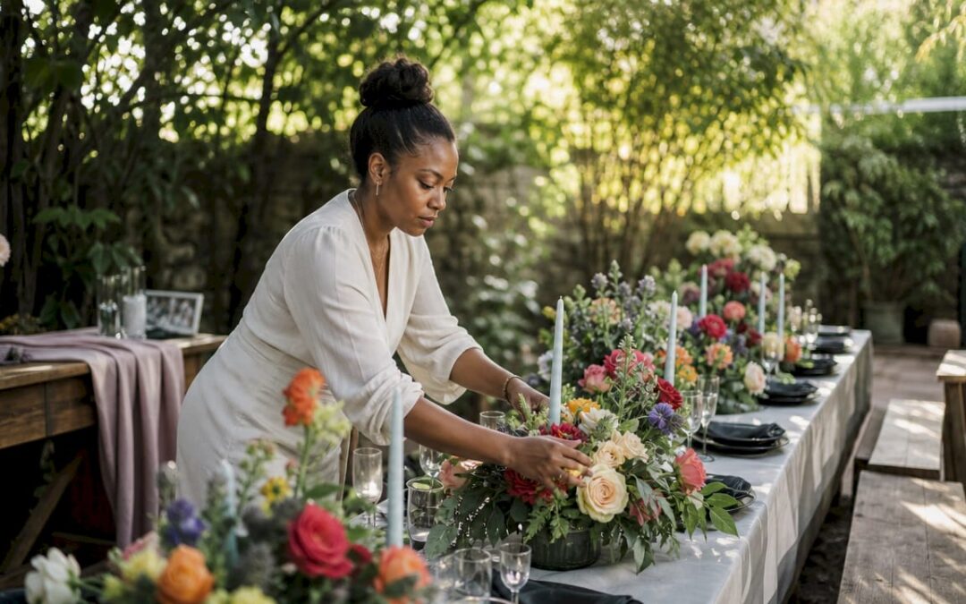 Event designer arranging floral centerpiece on banquet table