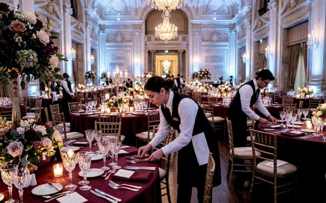 Elegant gala dinner ballroom setup