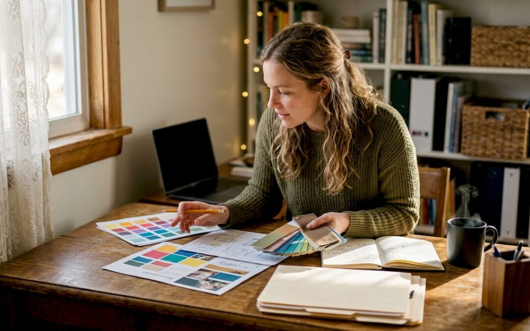 Event planner reviewing branding materials in studio
