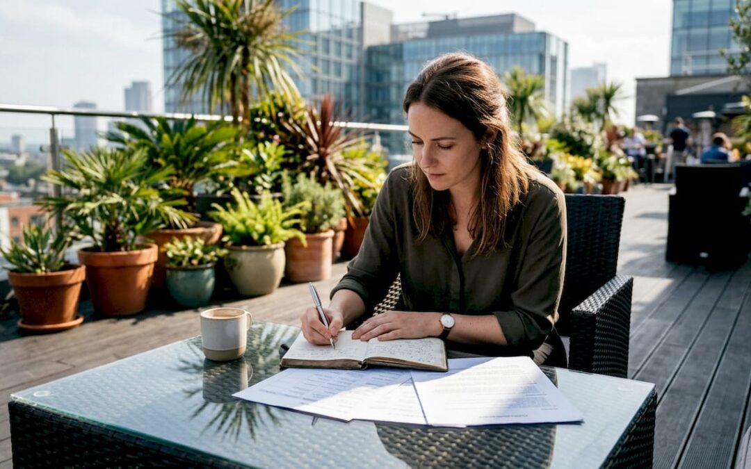Event manager reviewing event plans