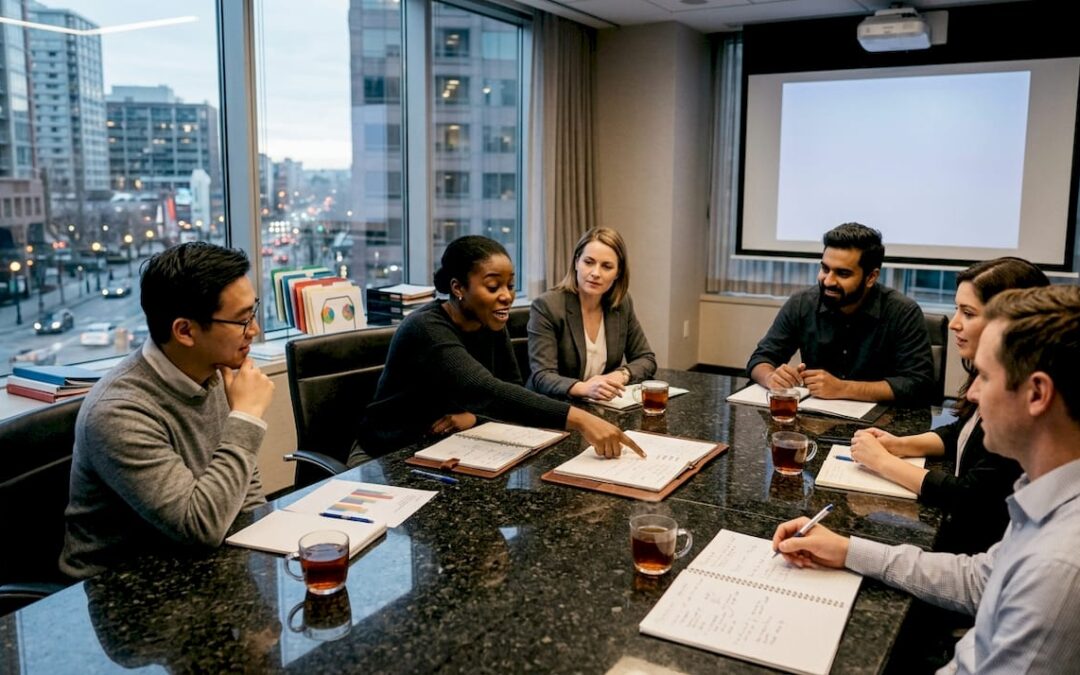 Team discussing during corporate retreat