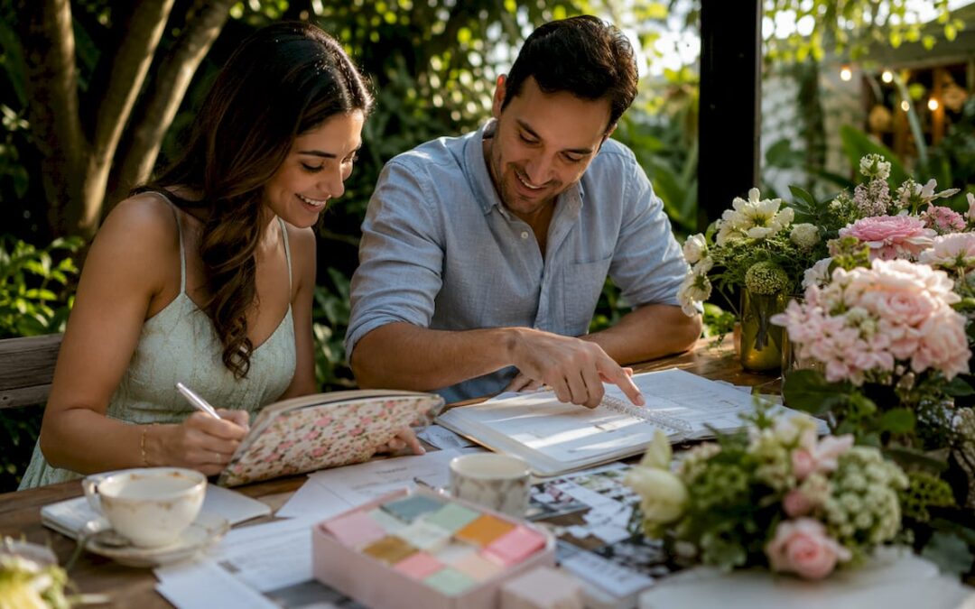 Couple planning wedding at home table