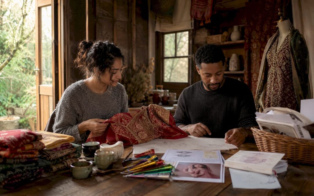 Couple preparing multicultural wedding elements at home