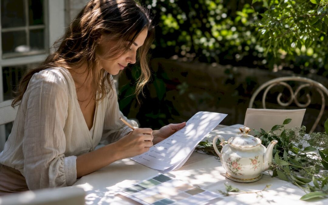 Wedding planner reviewing decor checklist
